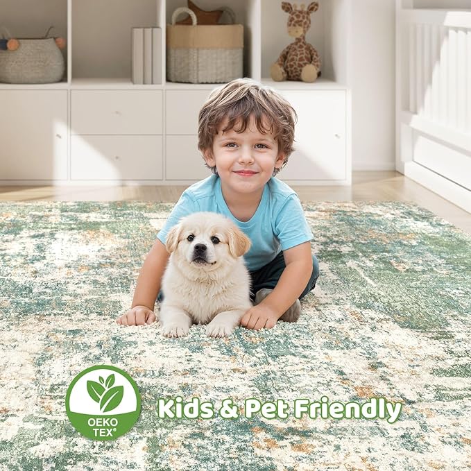 Area Rugs 9x12 Living Room: Washable Large Abstract Soft Green Rug Stain Resistant Indoor Floor Non-Slip Accent Carpet for Men Modern Home Enthusiasts Aged 25-45 - Bedroom Office Playroom