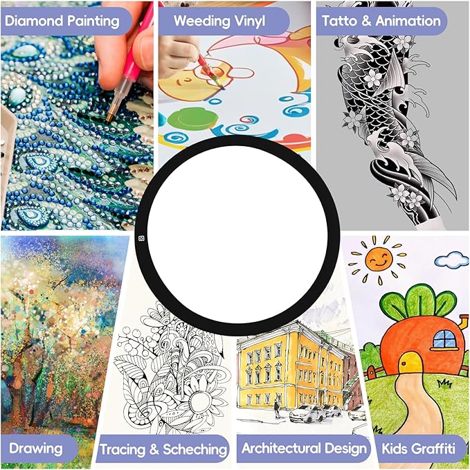 WaGlyndric Round LED Light Panel, Large Copy Light Tracing Box, 3 Levels Adjustable Brightness Light Table for Creative Exploration