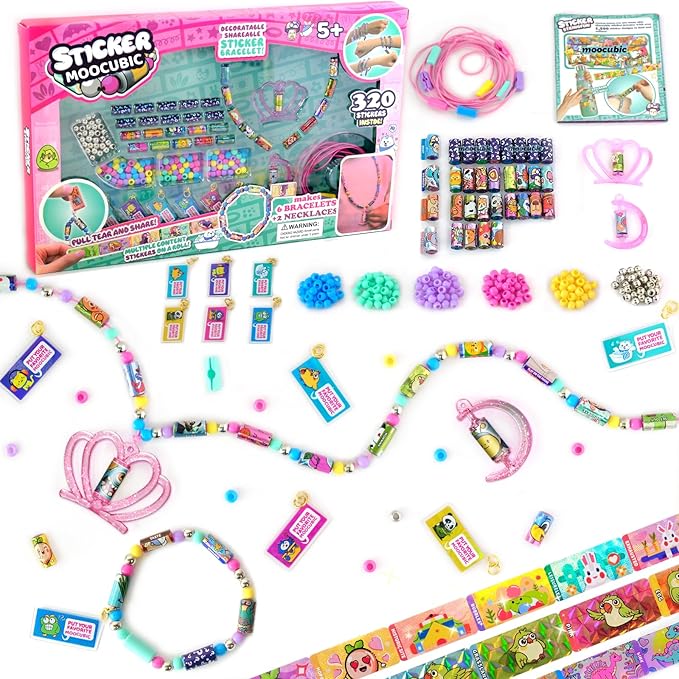 MooCubic Rolls Stickers Jewelry Making Kit, Includes 320 Mini Sticky, Builds 6 Bracelet or 2 Necklace, 200 Beads & 2 Pendants, Wearable DIY Friendship Gift for Kids Ages 5+ Girls & Boys (M1)