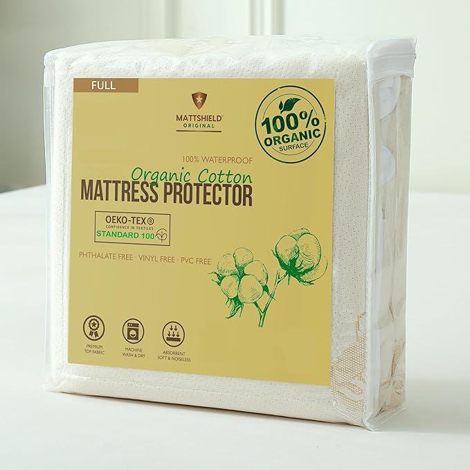 Waterproof Organic Mattress Protector Full - Organic Cotton Breathable Mattress Pad Cover - 250 GSM Comfort - Deep Pocket - Fitted Comfort