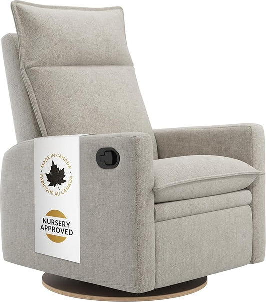 Arya Modern Nursery Glider Recliner Chair – Cozy Nursing Chair with 360° Swivel for New Parents, Gentle Motion, Compact Design, High Back & Low Armrests, Canadian Made (Driftwood/Breather Fabric)