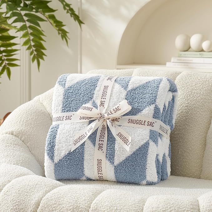 Snuggle Sac Twin Size Blue Blankets for Bed, Super Soft Warm Blankets Oversized Cozy Knit Fuzzy Blanket for Living Room, Chevron Blue,60x80 inches
