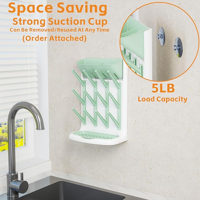 Yieach Larger Vertical Baby Bottle Drying Rack - BPA FREE - Space Saving Feeding Bottles Drying Rack Holder for Countertop,Baby Bottle Holder Storage Station for Pacifiers,Pump Accessories Stand,Green