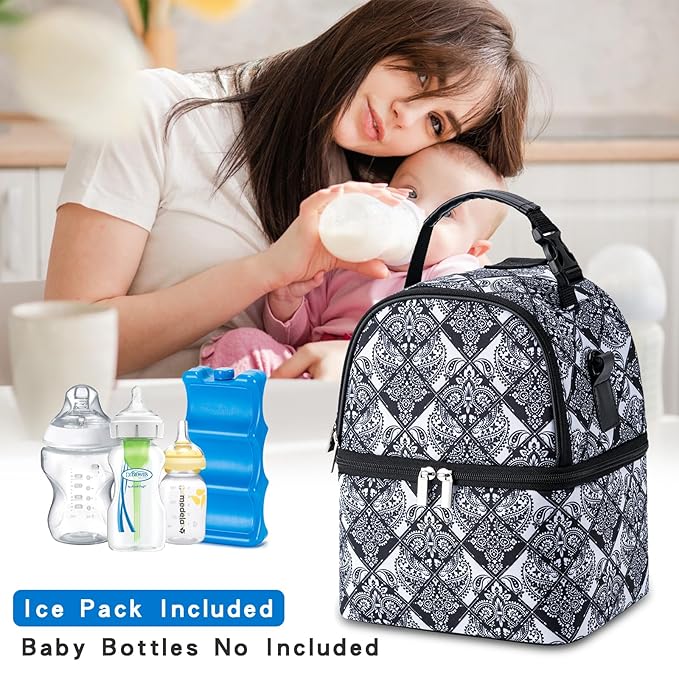 Breastmilk Cooler Bag with Ice Pack Fits 6 Baby Bottles up to 9 Ounce, Breast Milk Pump Cooler Bag with Shoulder Strap for Nursing Mom Daycare, Work, Travel- Black