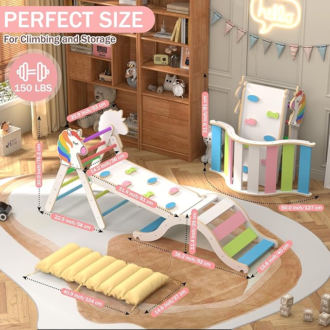 Pikler Triangle Set with Cushion, 9 in 1 Toddler Climbing Toys Indoor, Montessori Foldable Wooden Climbing Toys for Toddlers 1-3 Inside，Pikler Triangle Set Jungle Gyms Playground for Children