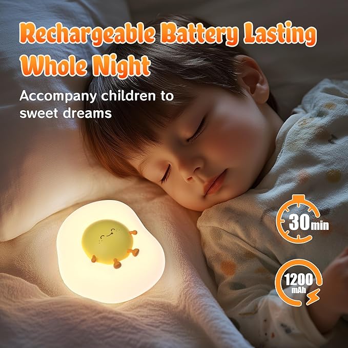 Fried Egg Night Light for Toddler, Kids, Baby, Nursery Warm Ambient Lamp for Snoothing, Sleeping Companion, Auto Off 30Min Timer, Rechargeable Battry Cordless, Soft Silicone Skin