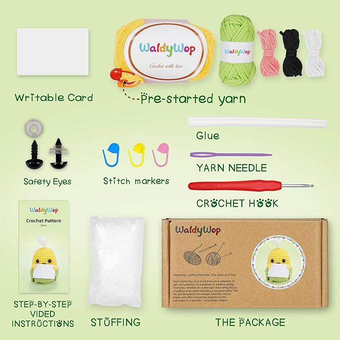 WaldyWop Beginners Crochet Kit for Kids & Adults w/Positive Card - Easy Crochet Starter Kit w/Pre-Started Yarn, Step-by-Step Video Tutorials - Craft Kits, Birthday Gifts for Girls Women, Cute Corn