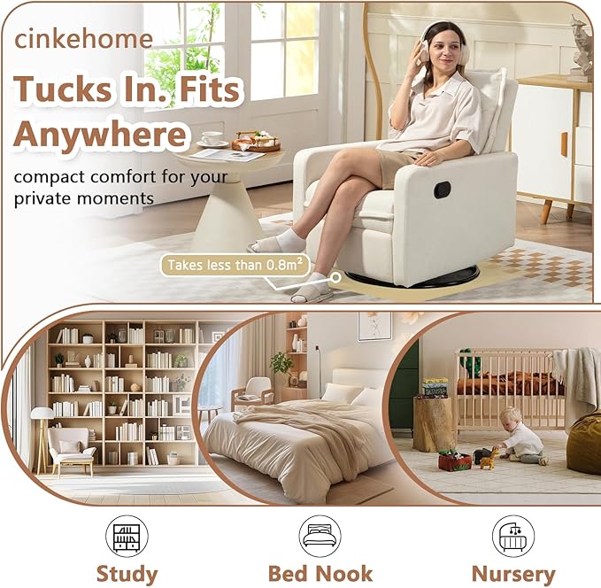Swivel Rocking Recliner Chair for Nursery, Upholstered Glider Rocker Recliner, Swivel Reclining Chair for Nursery Living Room Bedroom, White Short Plush