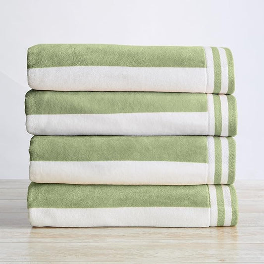 Great Bay Home 100% Cotton Velour 4 Pack Beach Towels 30" x 60" - Green/White Cabana Stripe Pool Towels - Quick Dry, Large Swim Towels