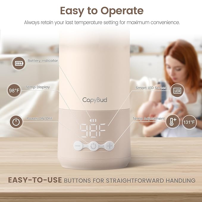 Portable Bottle Warmer for Travel, 12 Oz Milk Warmer for Breastmilk Formula Water, 3 Mins Fast Heating, Long Battery Life, 5 Levels Smart Temp Control, Ideal for Night Feeding, Travel, Car