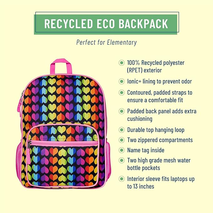 Wildkin ECO rPET Kids Backpack – Recycled, Padded, Adjustable for School & Travel – Rainbow Hearts