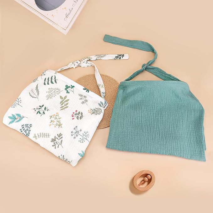 Muslin Nursing Cover for Breastfeeding, Privacy Breathable Breastfeeding Cover with Arch Neckline for Mom, 100% Cotton Nursing Apron, Floral and Green