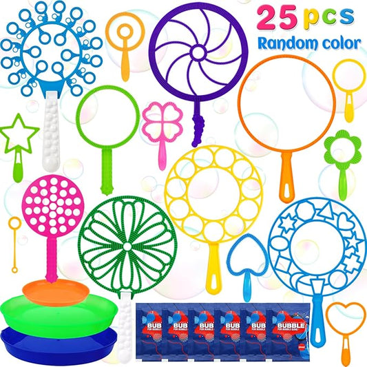 Roberly 25 PCS Big Bubble Wands Set with Tray Solution, Giant Bubbles Wands Toys for Kids Adults Summer Outdoor Activities Birthday Gifts Party Favors