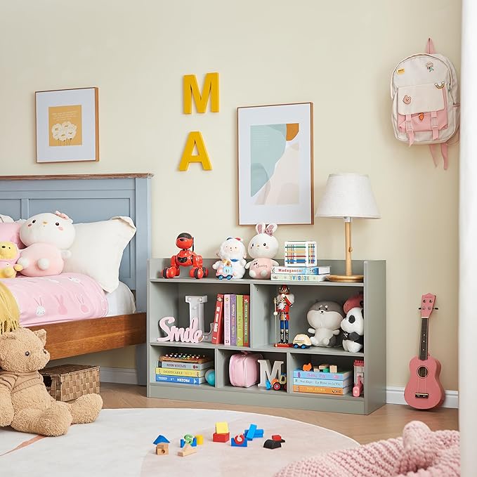 Kids Toy Storage Organizer, 5-Section Bookshelf for Organizing Books Toys, Wooden Storage Cabinet Daycare Furniture for School, Classroom Playroom, Nursery, Kindergarten (Grey)