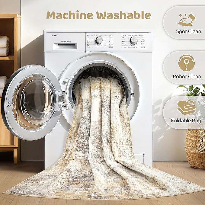 5x8 Area Rug Living Room: Machine Washable Large Abstract Modern Soft Rugs Stain Resistant Indoor Floor Non Slip Accent Carpet for Bedroom Nursery Playroom Office Dining Room Dorm Home- Gray Gold