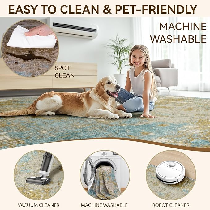 Washable Area Rugs 6'x9' Non-Slip Modern Abstract Soft for Living Room Entryway Bedroom Nursery, Print Pattern, Teal Blue Taupe