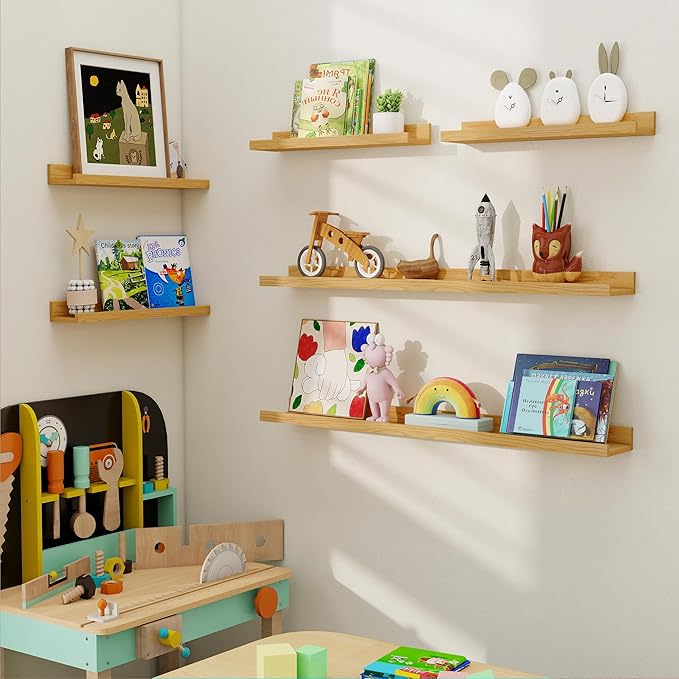 Axeman Picture Ledge Shelf, Floating Shelves for Wall Decor Storage Set of 6, 24 inch Floating Wall Mounted Shelves, Wall Shelves with Lip for Living Room, Bedroom, Nursery, Bathroom, Kitchen, Oak