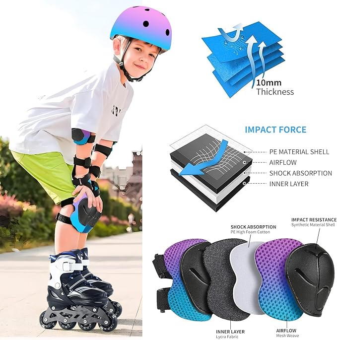 Adjustable Kids Bike Helmet with Knee & Elbow Pads Set, Color Gradient Design for Boys and Girls Aged 3-14+, for Skateboarding, Scooter, Roller & Inline Skating, Longboard