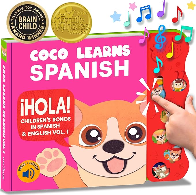 Musical Spanish Books for Kids 1-3, Spanish English Toys for Babies & Toddlers 1-3, Baby & Toddler Spanish Books, Bilingual Learning Toys 1 Year Old, Libros Infantiles en Español