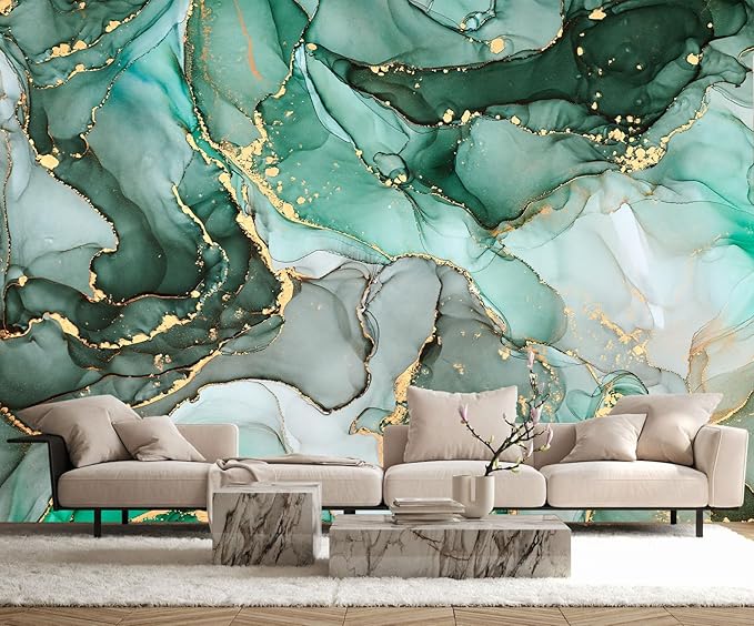 Green Marble Wallpaper Abstract Fabric Wall Mural for Living Room Bedroom Dining Room Basement(Not Self-Adhesive)