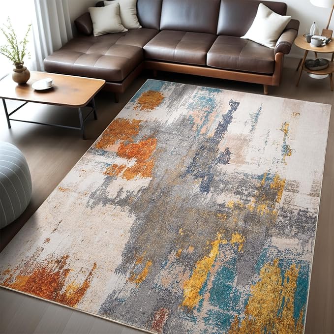 Kelarea Living Room Rug, 8x10 Rug Modern Abstract Washable Rugs Grey Faux Wool Vintage Carpets, Non Slip Rugs for Bedroom, Dining Room, College Dorm, Kids Playroom, Home Office