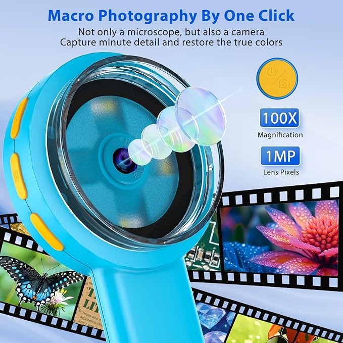 Microscope Magnifying Glass for Kids and Adults: 100X Portable Handheld Digital Microscope with Light - Pocket Jewelers Loupe with 2" Screen - USB Mini Coin Magnifier for Collector