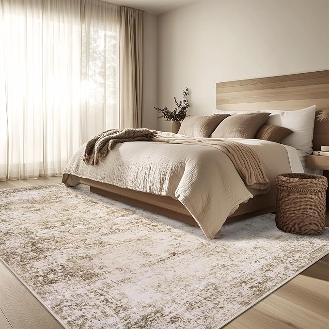 9x12 Area Rug Living Room Rugs - Washable Rug Large Modern Abstract Soft Thin Carpets Indoor Floor No Slip Vintage Carpet for Bedroom Under Dining Table Nursery Home Office Decor Beige
