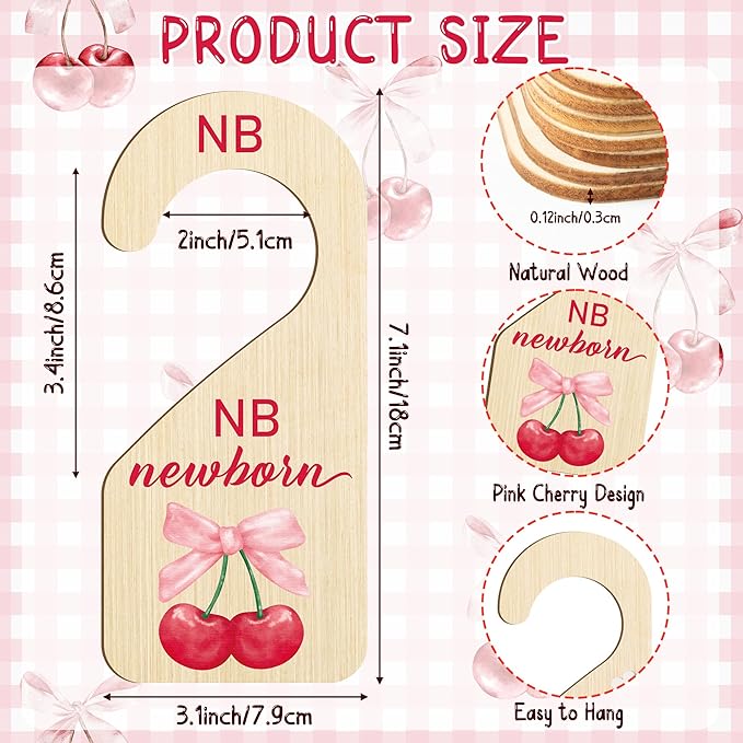 R HORSE Wooden Baby Closet Dividers - 8Pcs Double-Sided Cherry Pink Bow Baby Closet Organizer Newborn Clothes Size Hanger Dividers Nursery Decor Baby Shower Birthday Gift for Boy Girl (0-24 Months)