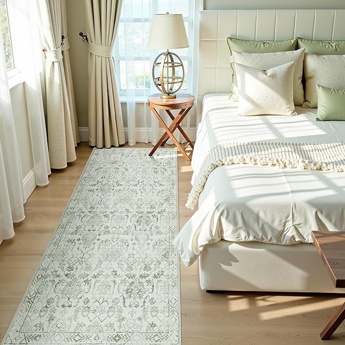 Sage 3x7 Runner Rug for Hallways Bed Side Kitchen, Boho Washable Distressed Low-Pile Floor Entryway Long Bathroom Mat, Non-Slip Laundry Room Washstand Front Carpet Green 36x84 Inch