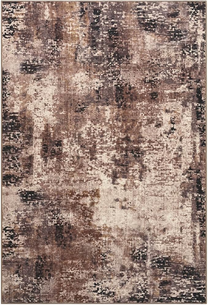 Living Room Rugs 5x7 Brown Washable Area Rug, Abstract Modern Bedroom Rugs Coffee Non Slip Stain Resistant Neutral Large Carpet for Nursery, Dining, Kids Playroom, Dining Room, Office