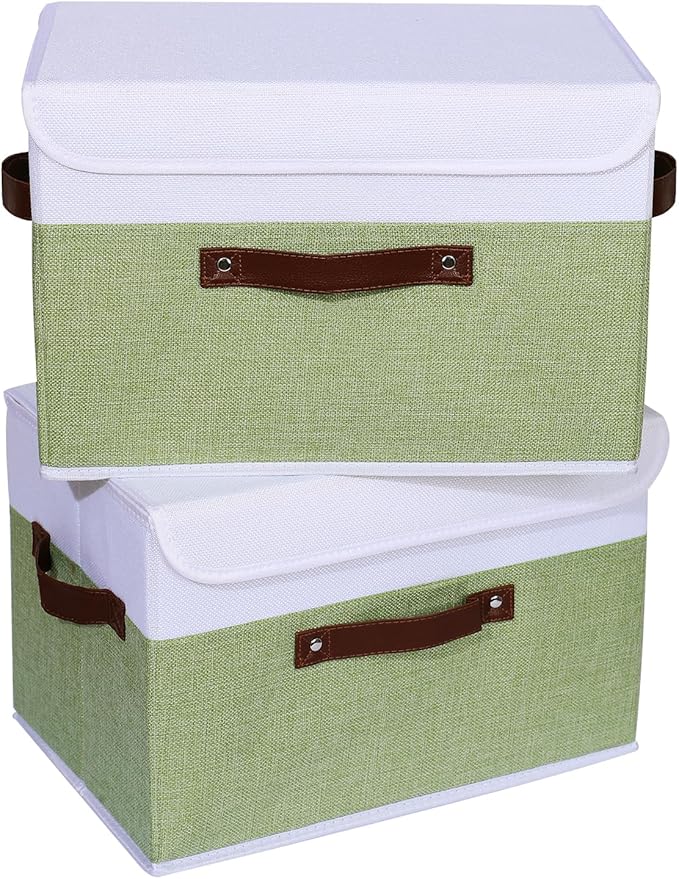 ANMINY 4PCS Storage Boxes with Lid Washable Decorative Storage Bins Basket with PU Leather Handle Foldable Linen Fabric Storage Cubes Containers for Home Closet Organizer - Green White, Large Size