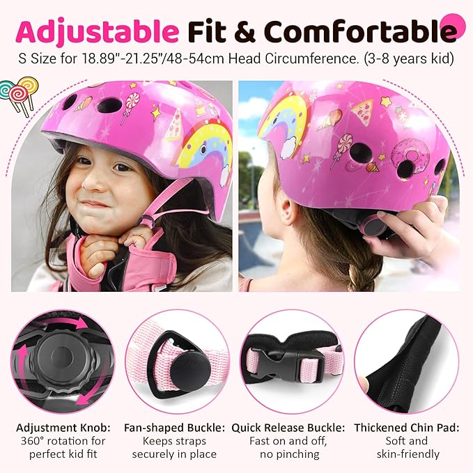 Vvinca Kids Toddlers Bike Helmet Adjustable for Ages 3-5-8 Years, Knee Pads and Elbow Pads Set Wrist Guard Sports Protective Gear Set for Roller Skate Bicycle Skateboard Scooter Girl Boy Birthday Gift