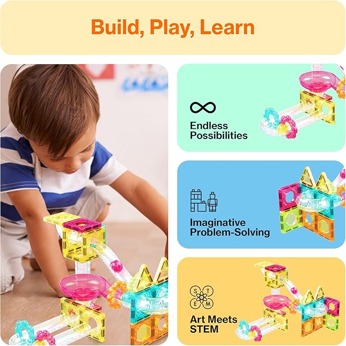 PicassoTiles Magnet Tiles Building Block Travel Size Magnetic Marble Run Construction Toy Set Mini Diamond Marble Racetrack Building Blocks Playset Education STEM Learning Kit Boy Girl 3+ PTMG45