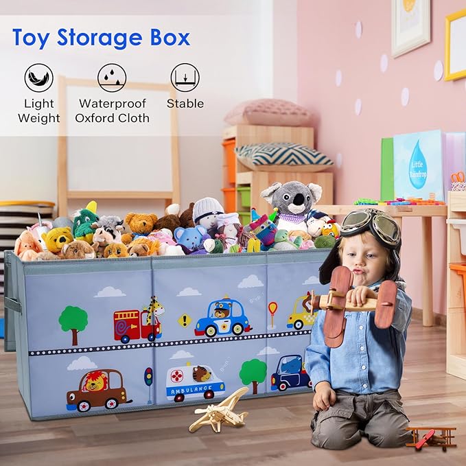 Toy Box Chest for Kids, Collapsible Oxford Toy Storage Box with Handles for Boys, Extra Large Sturdy Waterproof Toy Organiser for Bedroom Playroom, 37.7×12.5×15.7 Inch (Animal Cars)