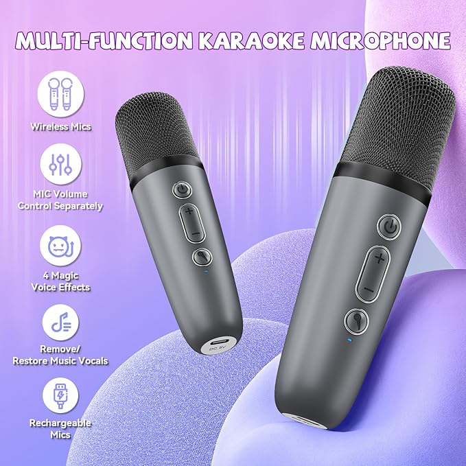【2025 Newest】 Mini Karaoke Machine for Kids Girls & Boys - Portable Bluetooth Speaker with 2 Wireless Microphones - Kids Birthday Gifts for Ages 4-10 - Kids' Instrument Accessories - Space Gray