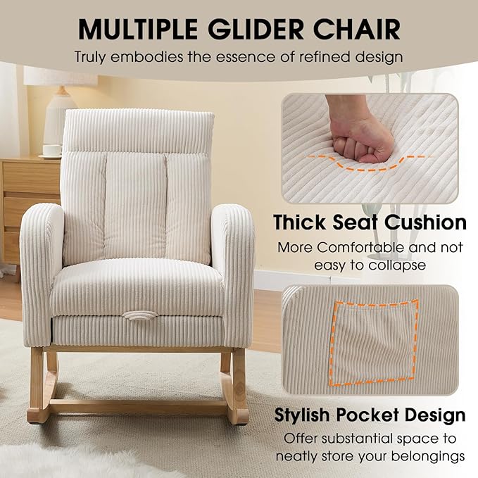 NIOIIKIT Nursery Rocking Chair, Corduroy Upholstered Rocking Chair with Adjustable Footrest, Tufted Rocker Chair with Side Pocket, Glider Rocker for Living Room, Bedroom (Cream Casual)