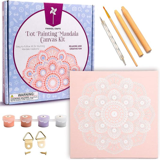 Pinwheel Crafts Painting Kit Mandala for Kids Ages 6-12 - Dot Painting Canvas Set with Mandala Dotting Tools, Paints, Brushes, Easy Instruction - Relaxing DIY Gift, Arts and Crafts Kit for Teens