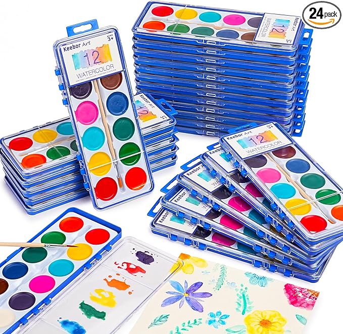 Watercolor Paint Set for Kids, 12 Colors, 24 Pack Washable Water Colors for Party Favors, Gifts, Classroom Supplies (Wood Brushes Included)