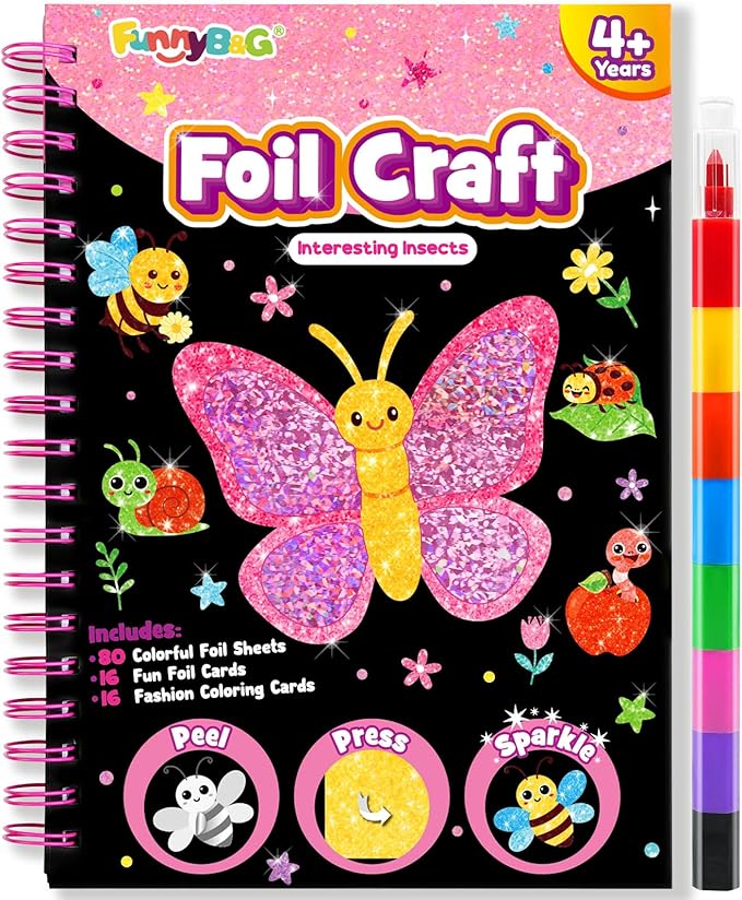 FUNNYB&G Foil Art Craft Activity for Kids - Gift for Girls Crafts Kits for Kids Fun Art Supplies DIY Creative Travel Toys, Birthday Gift Party Favor Toys for Girls Boys 4 5 6 7 8 9 Years Old(Insects)