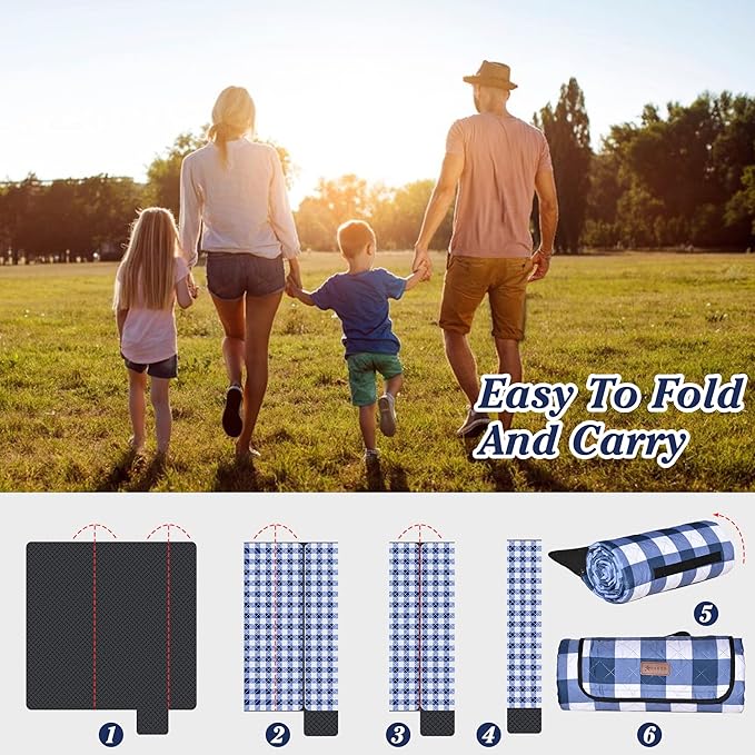 HX&OD Outdoor Picnic Blanket, Extra Large, 80''x80'' Waterproof Foldable Blankets Gingham Picnic Mat for Beach, Camping Grass Lawn Park Accessories Cute Couple Ideas Wedding (Blue, 80”x80”)