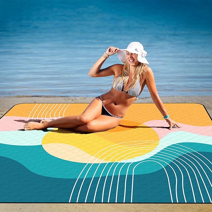 Picnic Blankets Waterproof Foldable, Extra Large 79"x79" Beach Blanket Waterproof Sandproof, 3-Layer Polyester Foldable Portable Outdoor Mat for Park, Camping, Travel, Grass Lawn- Afterglow Rainbow