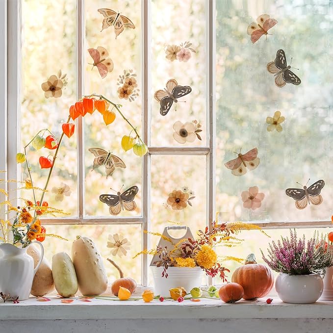 YouRfocus Butterfly and Flower Wall Decals – 72 Decals, Removable Floral Wall Stickers for Bedroom, Nursery, Girls Room, Boho Nature Decor, Reusable Home Decoration (12 Sheets)