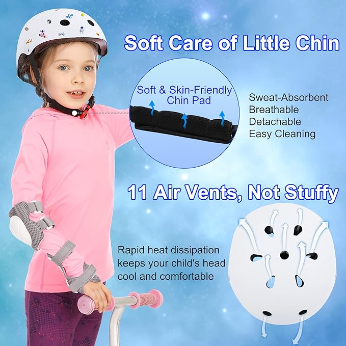 Kids Bike Helmet with DIY Stickers and Knee Pads Elbow Pads Wrist Guard Set for Ages 3-8-14 Toddler Boys Girls Helmet for Roller Skates Cycling Skateboarding Bicycle Scooter
