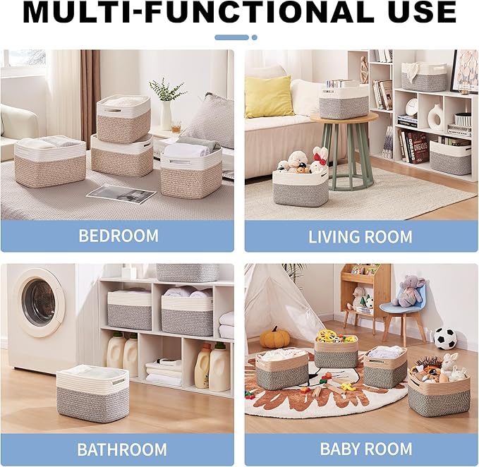 OIAHOMY 4 Pack Storage Baskets for Organizing, Basket for Shelves with Handle, Woven Baskets for Storage Toys, Towels, Books, Cotton Rope Basket 13" L x 9 " W x 7.8 " H, Pink & White