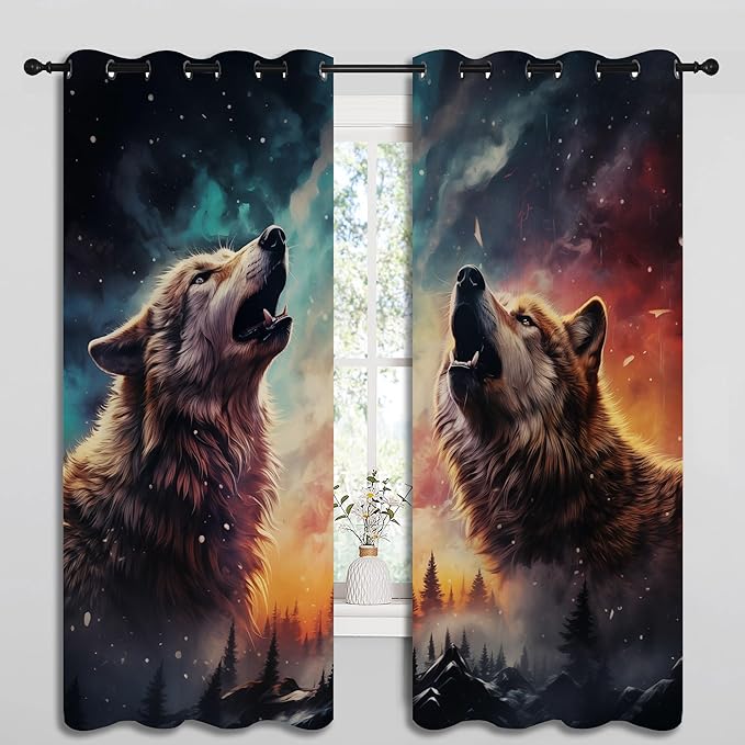 Fantasy Wolf Blackout Curtains for Boys Girl Bedroom Decor,Colorful Galaxy Misty Forest Wildlife Thermal Insulated Grommet Drapes Darkening Window Curtain for Living Room Home 63x63 inch
