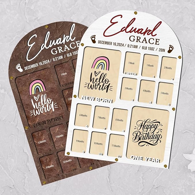 Personalized My First Year Photo Frame | 12 Months Picture Frame For Baby First Year | Displays Two 4x6 Photo and Twelve 2x3 Pictures | Birthday Party Decor Newborn Memory Keepsake, Rainbow