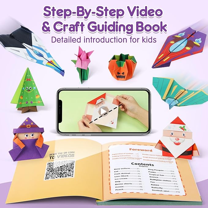 Mocoosy 320 Sheets Origami Kit for Kids Ages 5-8 9-12, Paper Airplane Kit, Color Folding Paper Set with Origami Book, Art & Craft for Boys Girls, Travel Game Airplane Car Road Trip Activity Toy Gifts