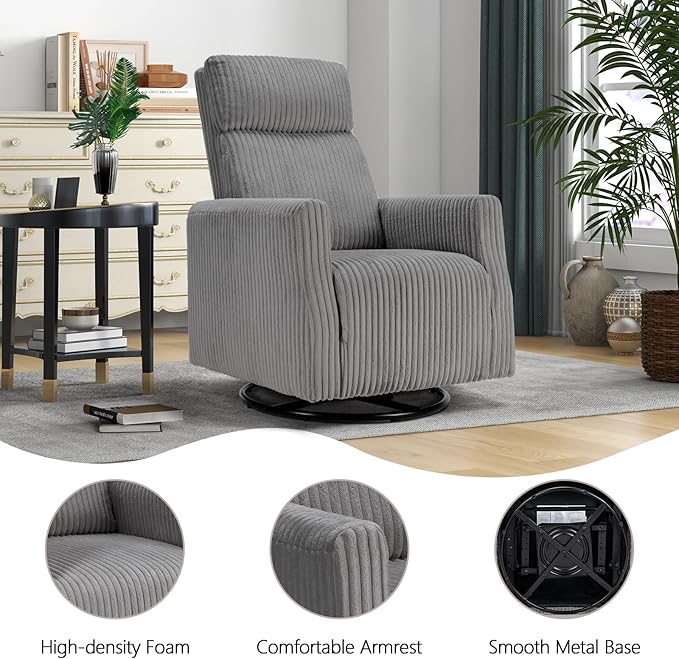 CANMOV Swivel Rocker Chair Set of 2, Swivel Accent Chair with High Back and Arms, Corduroy Glider Chair for Living Room Bedroom Nursery, Grey