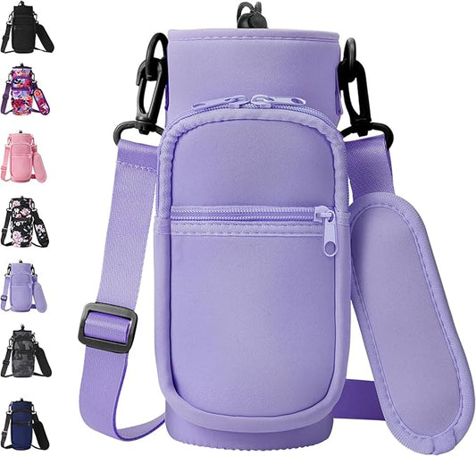 32 40 oz Water Bottle Carrier with Strap, Neoprene Water Bottle Sleeve Bag with 2 Pockets Insulated Flask Sling Holder for Walking Hiking Gym