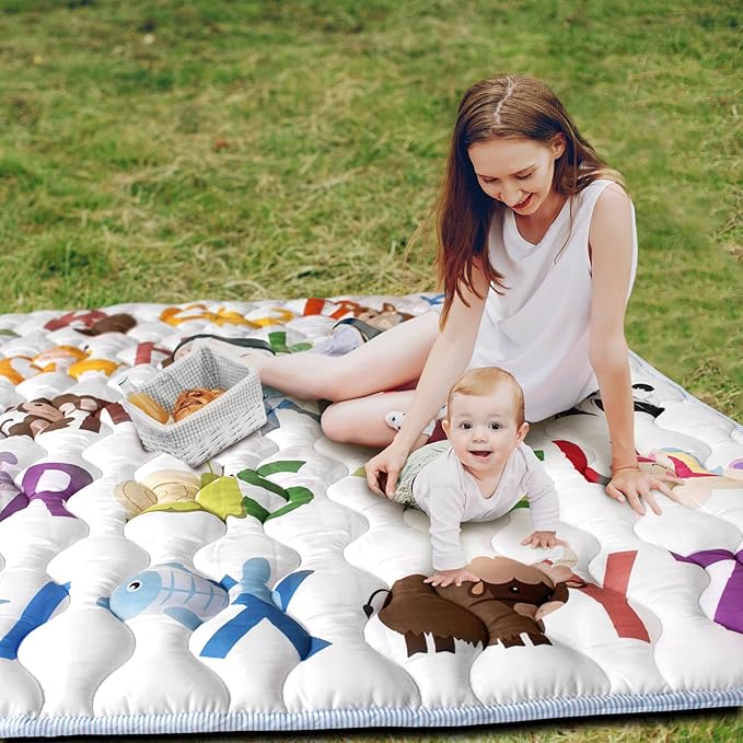 Baby Play Mat, 43x43 Mat with Super Soft Touch, Activity Mat with Upgraded Anti-Slip Bottom, Machine Washable Crawling Mat for Floor & Picnic(Animal Alphabets)